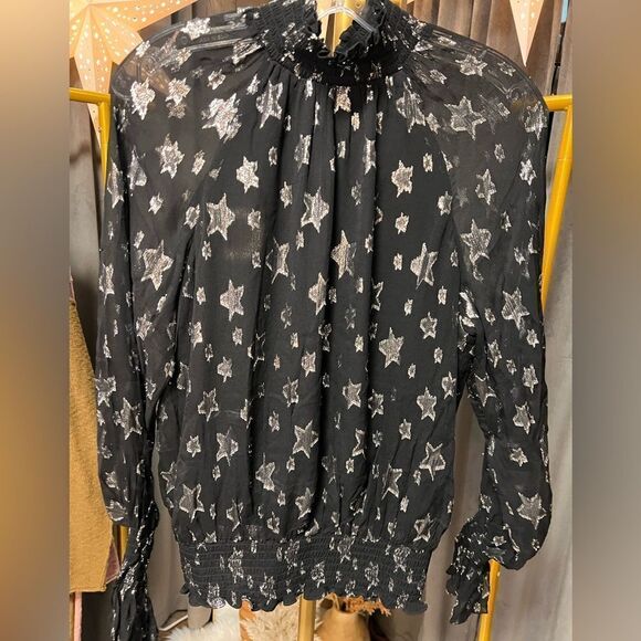 Ramy Brook Stassi Silk Blend Metallic Star Print Mock Neck Blouse - Picture 8 of 10